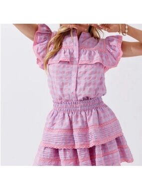 Day + Moon gingham pink purple set lace tiered ruffle skirt top crochet L Large